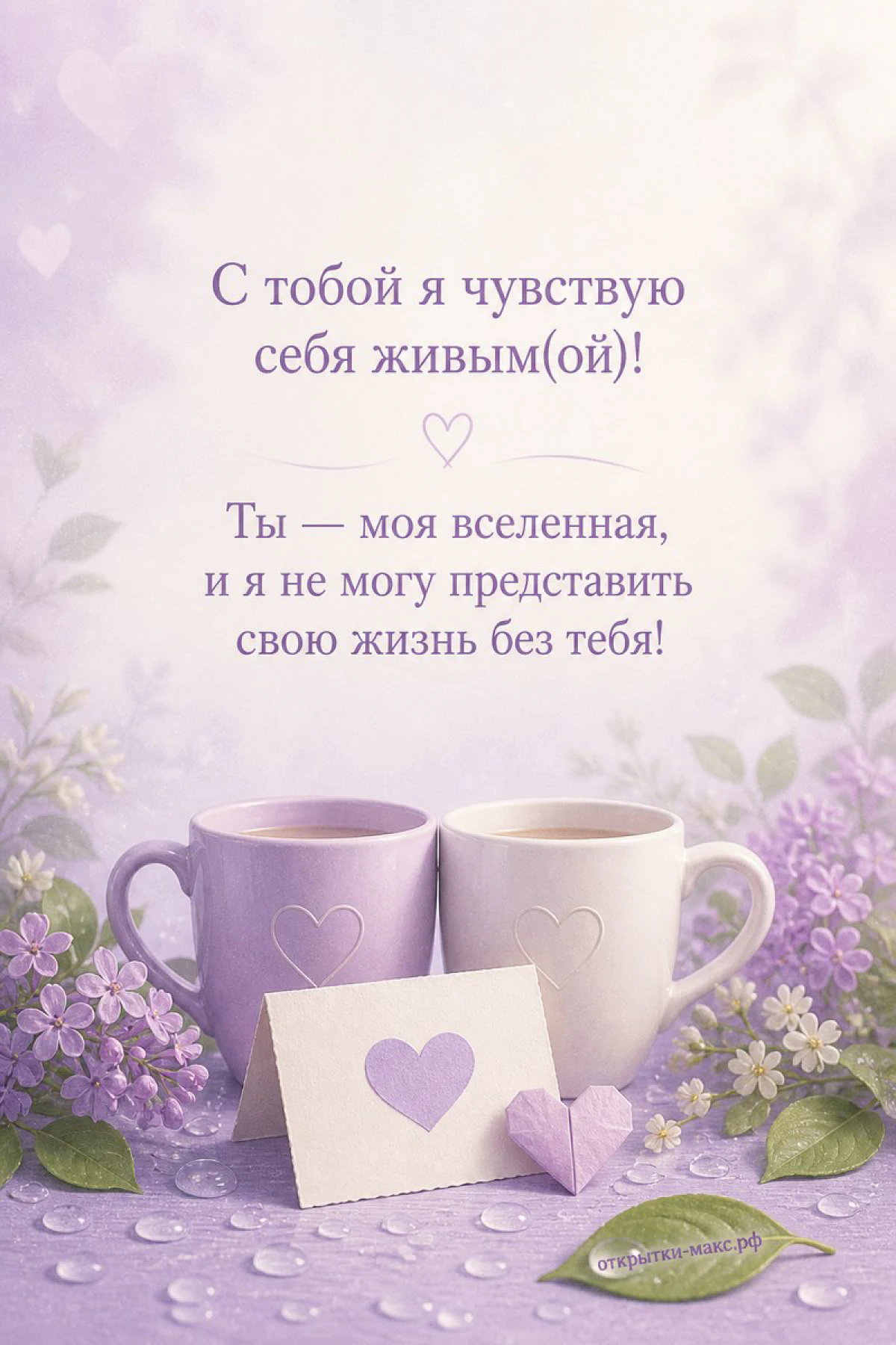 Две сиреневые кружки кофе и карточка с красным сердцем на фоне сирени с романтичной надписью