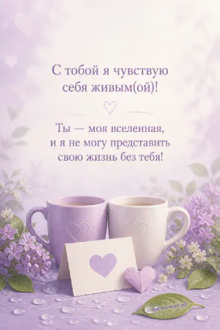 Две сиреневые кружки кофе и карточка с красным сердцем на фоне сирени с романтичной надписью