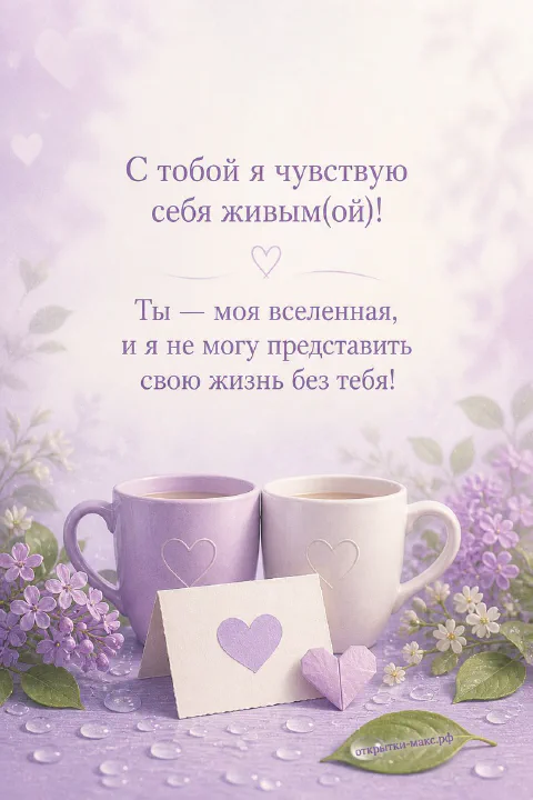 Две сиреневые кружки кофе и карточка с красным сердцем на фоне сирени с романтичной надписью