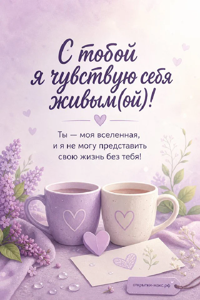 Две сиреневые кружки кофе и карточка с красным сердцем на фоне сирени с романтичной надписью — вариант 2