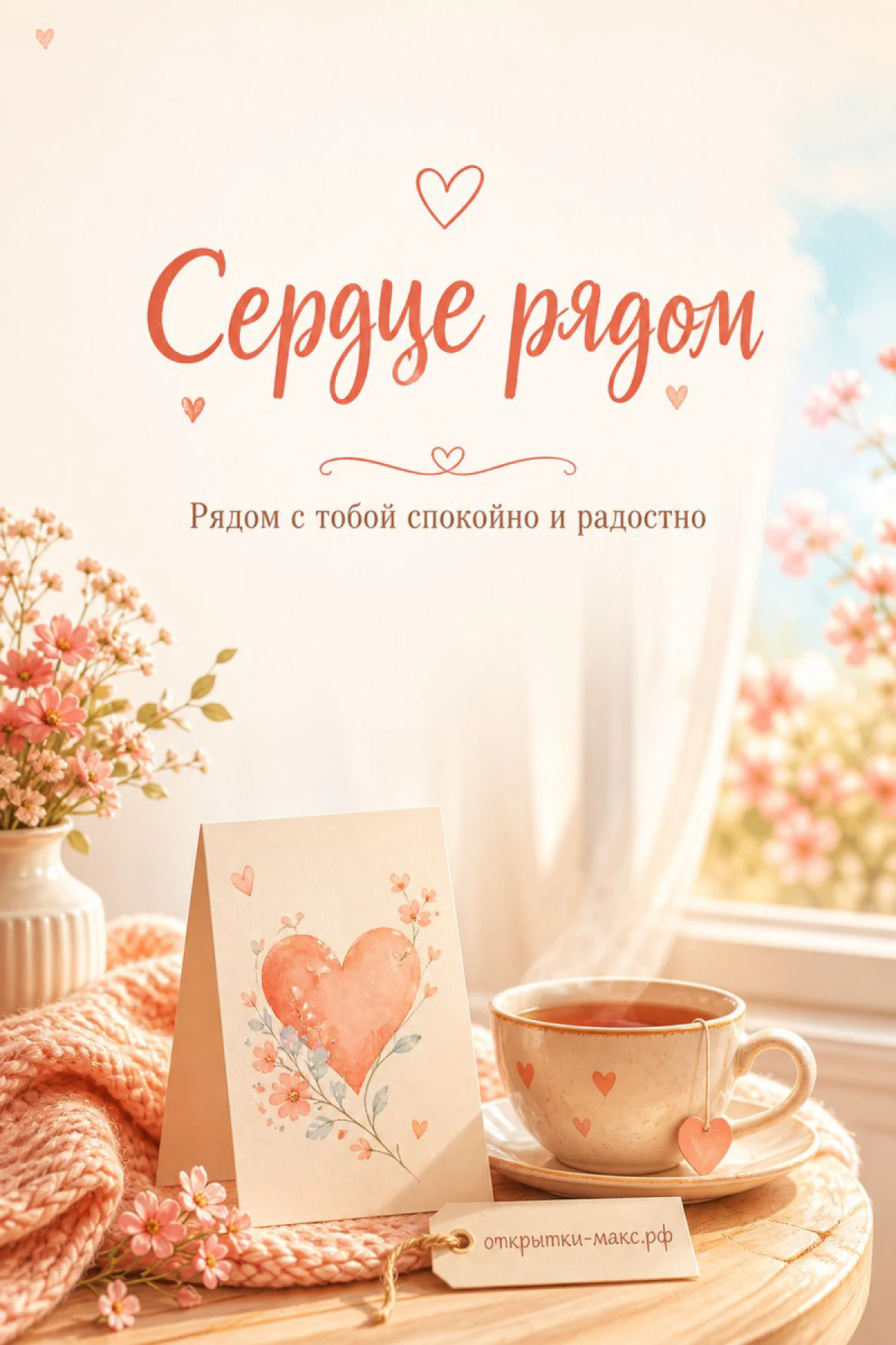 Открытка с сердечком и чашка чая на столе с цветами за окном с надписью «Сердце рядом»