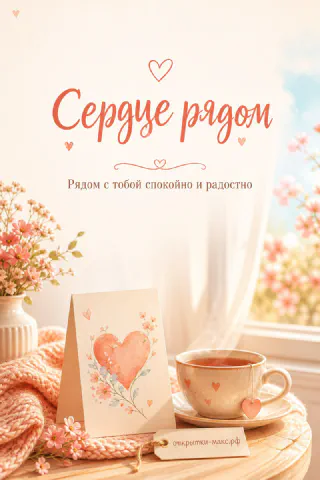 Открытка с сердечком и чашка чая на столе с цветами за окном с надписью «Сердце рядом»