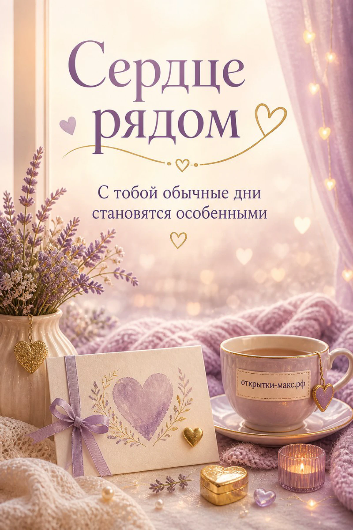Ваза с лавандой, горящая свеча и чашка чая с сердечком с надписью «Сердце рядом»