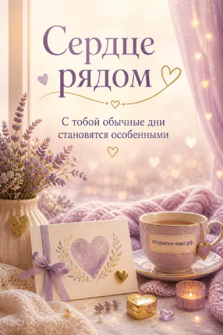 Ваза с лавандой, горящая свеча и чашка чая с сердечком с надписью «Сердце рядом»