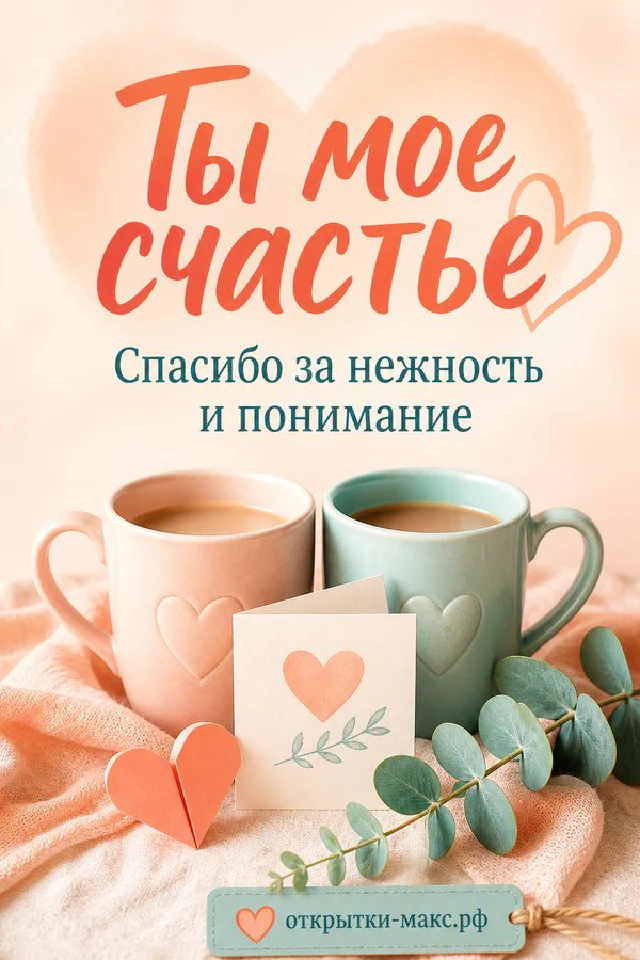 Мятная и розовая чашки чая с сердечками рядом с открыткой и бумажным сердцем на светлом фоне — вариант 2