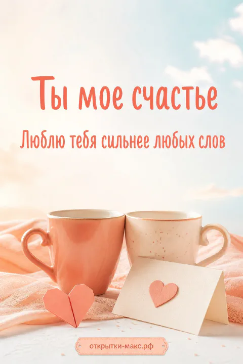 Две персиковые кружки с конвертом и бумажным сердечком с надписью «Ты моё счастье»