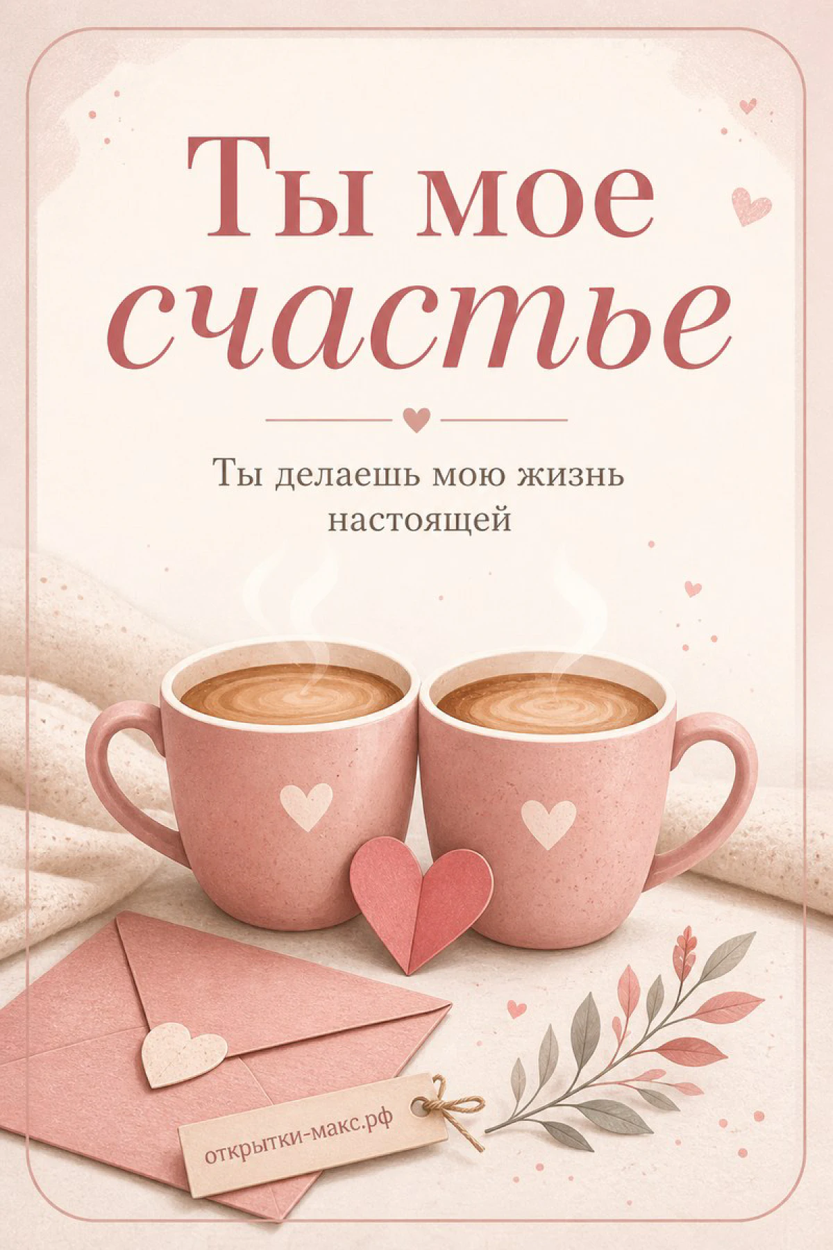 Две розовые кофейные чашки с сердечками и конвертом, ветка с листьями, надпись «Ты моё счастье»