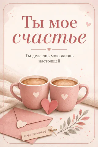 Две розовые кофейные чашки с сердечками и конвертом, ветка с листьями, надпись «Ты моё счастье»