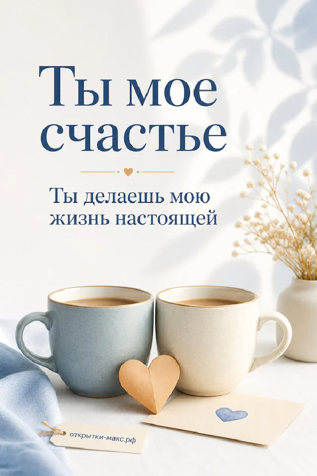 Две розовые кофейные чашки с сердечками и конвертом, ветка с листьями, надпись «Ты моё счастье» — вариант 2