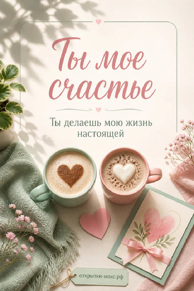 Две розовые кофейные чашки с сердечками и конвертом, ветка с листьями, надпись «Ты моё счастье» — вариант 3
