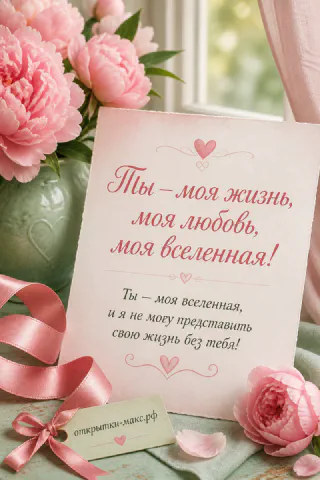 Розовые пионы в вазе рядом с открыткой «Ты — моя жизнь, моя любовь» и розовой лентой на зелёном столике