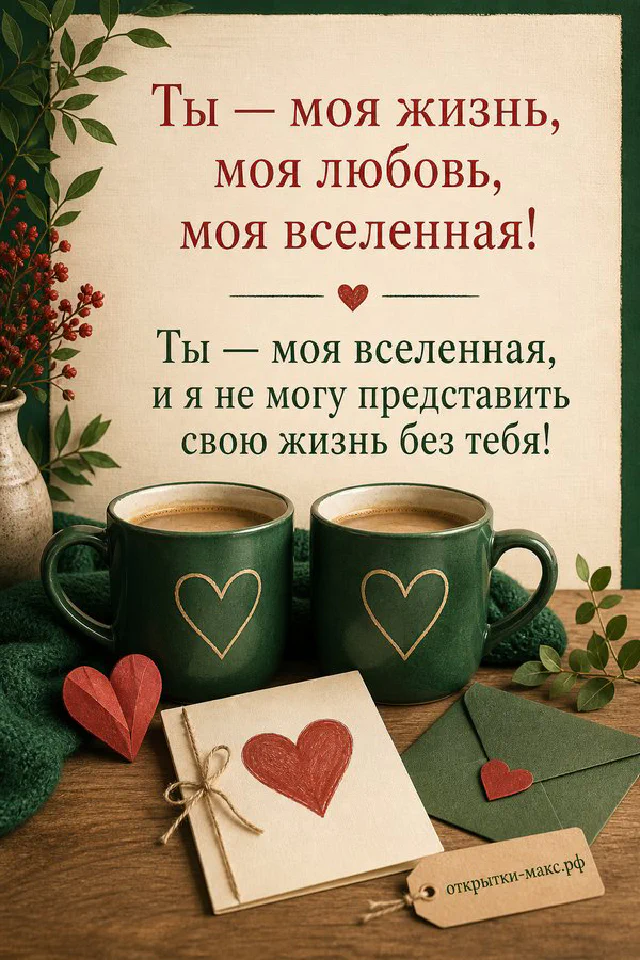 Розовые пионы в вазе рядом с открыткой «Ты — моя жизнь, моя любовь» и розовой лентой на зелёном столике — вариант 2