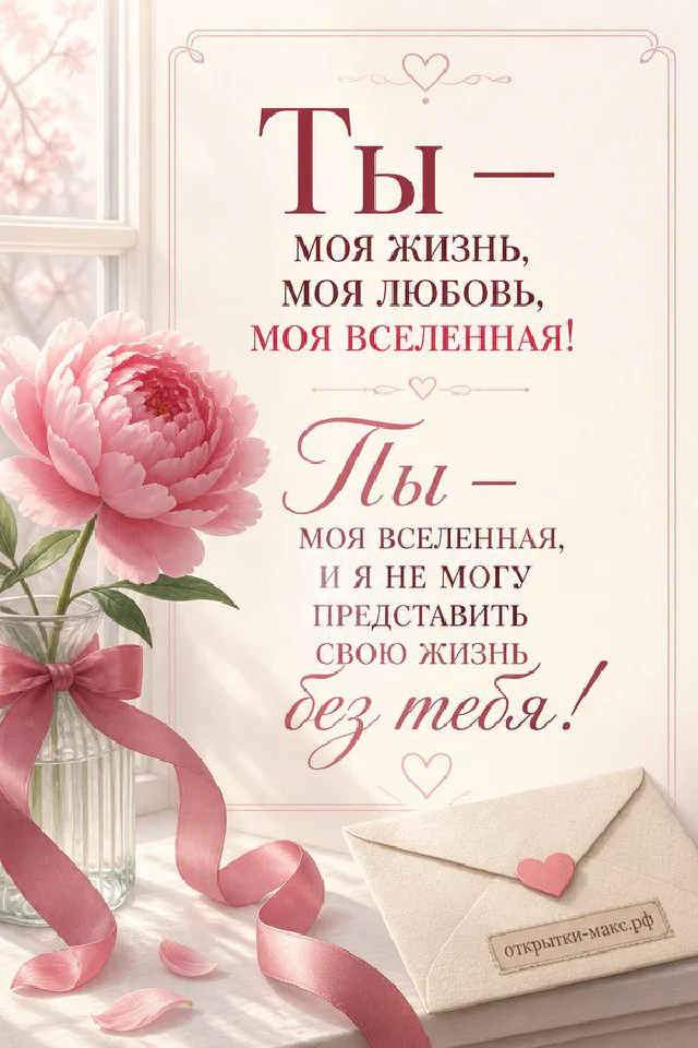 Розовые пионы в вазе рядом с открыткой «Ты — моя жизнь, моя любовь» и розовой лентой на зелёном столике — вариант 3