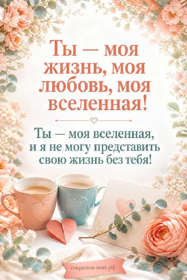 Розовые пионы в вазе рядом с открыткой «Ты — моя жизнь, моя любовь» и розовой лентой на зелёном столике — вариант 4