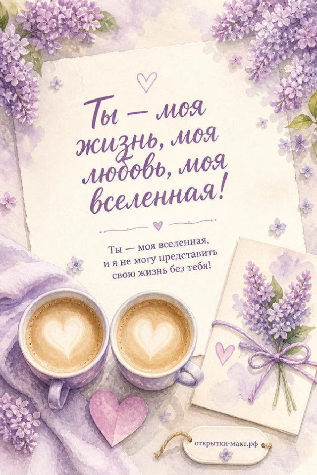 Розовые пионы в вазе рядом с открыткой «Ты — моя жизнь, моя любовь» и розовой лентой на зелёном столике — вариант 5
