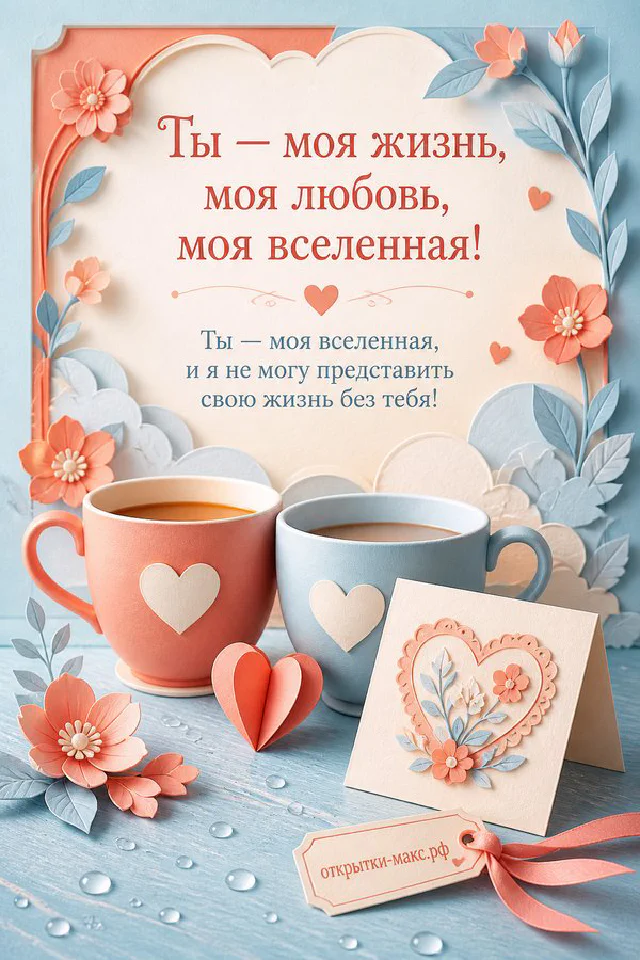 Розовые пионы в вазе рядом с открыткой «Ты — моя жизнь, моя любовь» и розовой лентой на зелёном столике — вариант 6