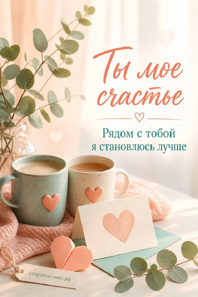 Две пастельные кружки кофе с сердечками и бумажной карточкой на мятном столике — вариант 2
