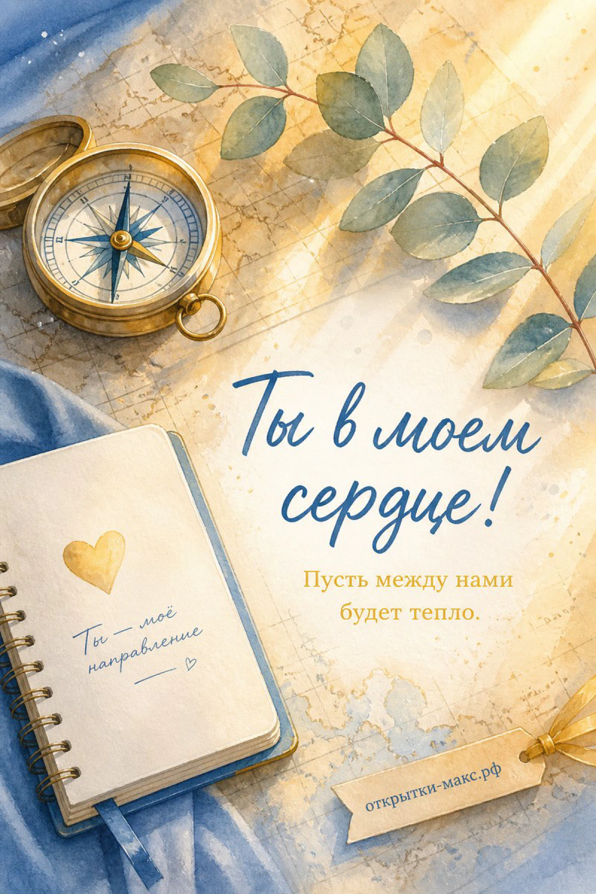 Золотой компас и блокнот с надписью «Ты — моё направление» на старой карте с ветками эвкалипта