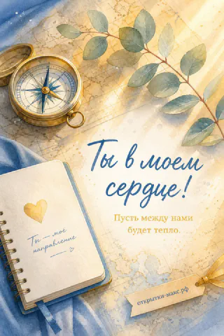 Золотой компас и блокнот с надписью «Ты — моё направление» на старой карте с ветками эвкалипта