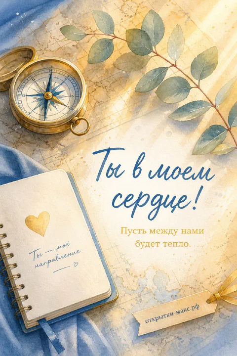 Золотой компас и блокнот с надписью «Ты — моё направление» на старой карте с ветками эвкалипта