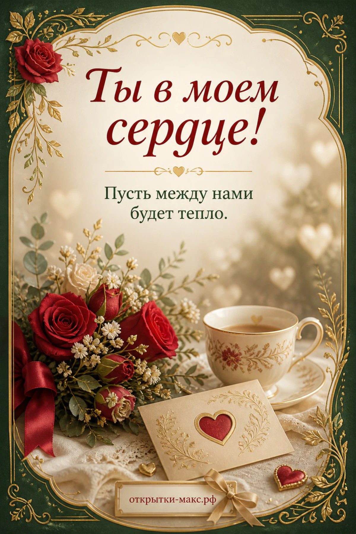 Красные розы, чашка с сердцем и конверт в золотой рамке с надписью «Ты в моём сердце» на тёмно-зелёном фоне