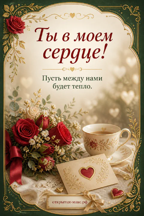 Красные розы, чашка с сердцем и конверт в золотой рамке с надписью «Ты в моём сердце» на тёмно-зелёном фоне