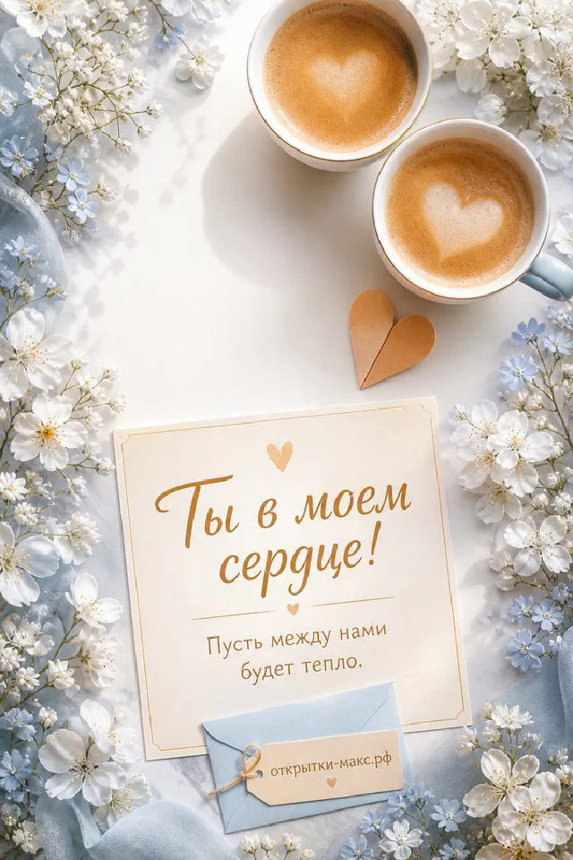 Красные розы, чашка с сердцем и конверт в золотой рамке с надписью «Ты в моём сердце» на тёмно-зелёном фоне — вариант 2