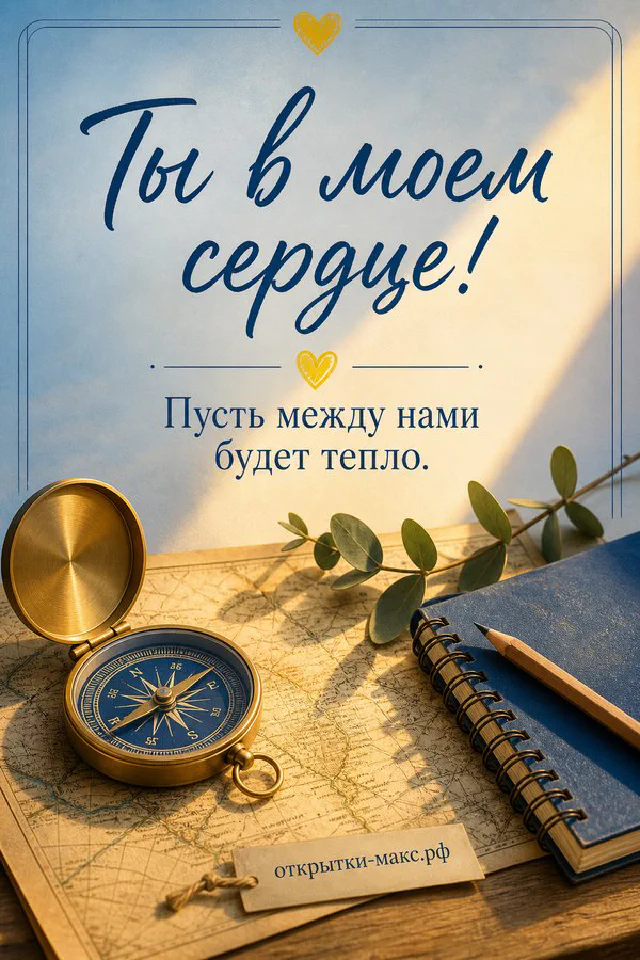 Красные розы, чашка с сердцем и конверт в золотой рамке с надписью «Ты в моём сердце» на тёмно-зелёном фоне — вариант 6