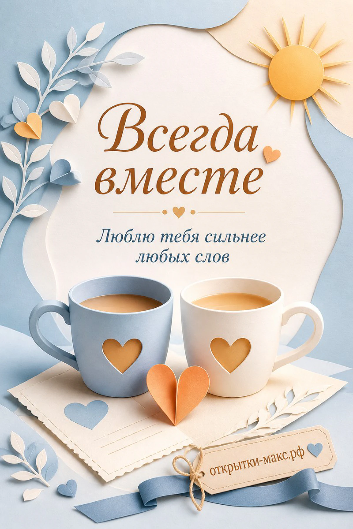 Две голубые кофейные чашки с сердечками рядом, бумажные листья и солнце, надпись «Всегда вместе»