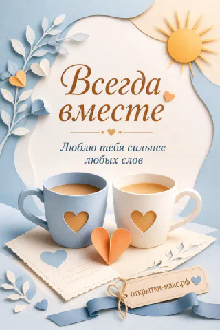Две голубые кофейные чашки с сердечками рядом, бумажные листья и солнце, надпись «Всегда вместе»