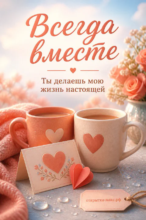 Две персиковые кружки с сердечками, бумажное сердце и розы с надписью «Всегда вместе»