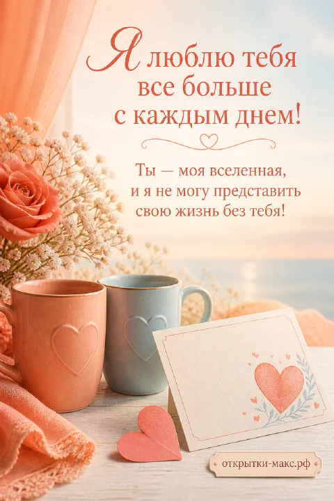 Три персиковые кружки с сердечками, розы и открытка с надписью «Я люблю тебя всё больше с каждым днём»