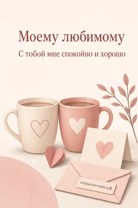 Две розовые кружки кофе с сердечками и конверт рядом с веточкой листьев на открытке о любви