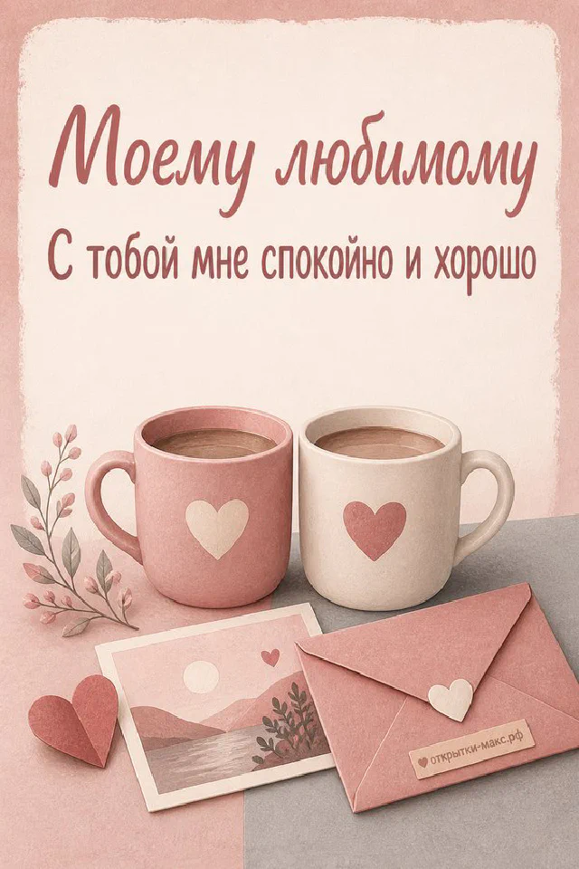 Две розовые кружки кофе с сердечками и конверт рядом с веточкой листьев на открытке о любви — вариант 2