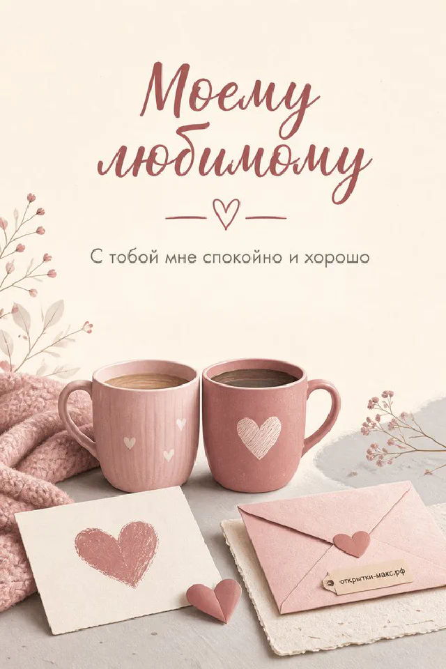 Две розовые кружки кофе с сердечками и конверт рядом с веточкой листьев на открытке о любви — вариант 3