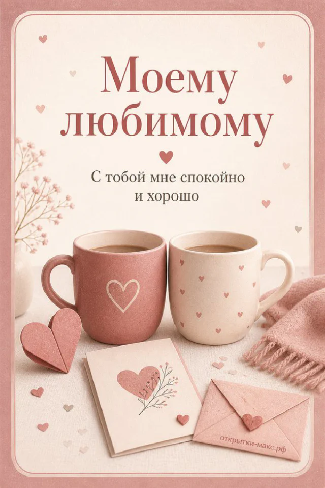 Две розовые кружки кофе с сердечками и конверт рядом с веточкой листьев на открытке о любви — вариант 4