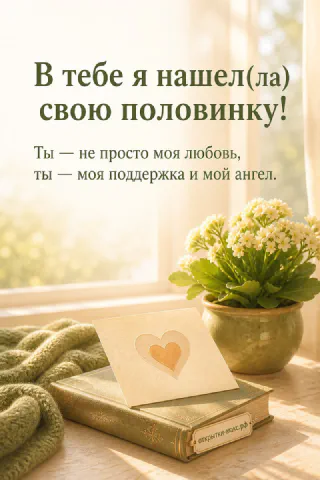 Книга с конвертом-сердечком и горшок с белыми цветами на солнечном подоконнике на открытке о любви
