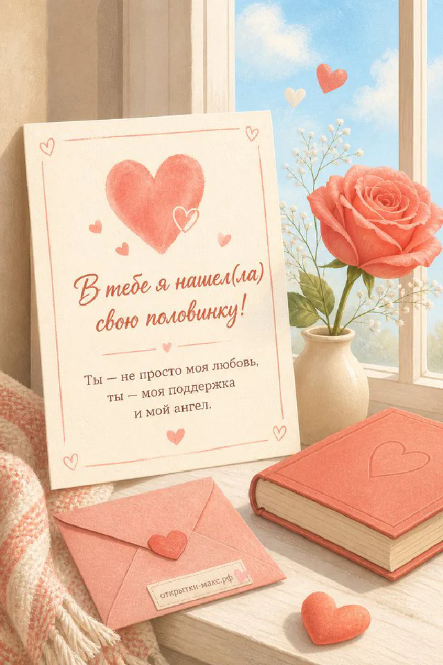 Книга с конвертом-сердечком и горшок с белыми цветами на солнечном подоконнике на открытке о любви — вариант 2