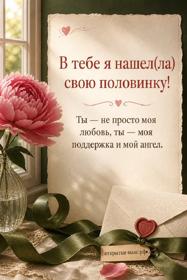 Книга с конвертом-сердечком и горшок с белыми цветами на солнечном подоконнике на открытке о любви — вариант 4