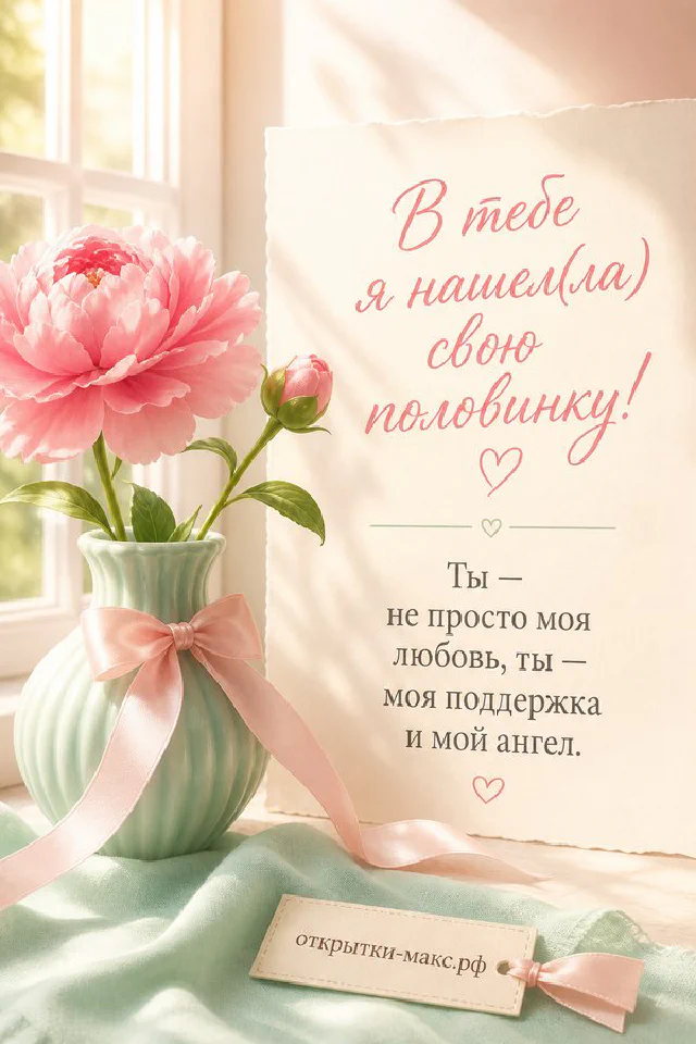Книга с конвертом-сердечком и горшок с белыми цветами на солнечном подоконнике на открытке о любви — вариант 5