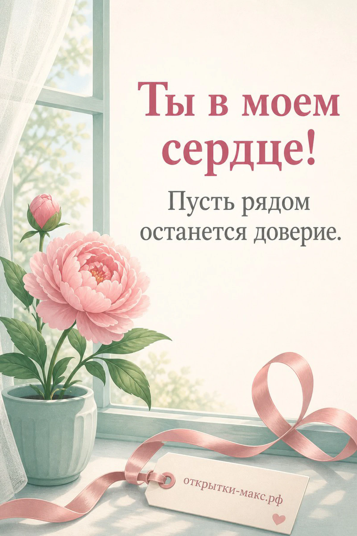 Розовый пион в белом горшке у светлого окна с розовой лентой и биркой на открытке о любви