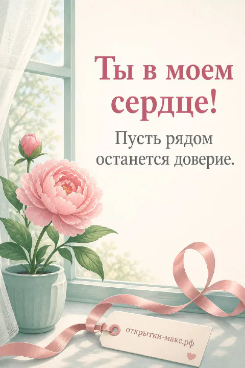 Розовый пион в белом горшке у светлого окна с розовой лентой и биркой на открытке о любви