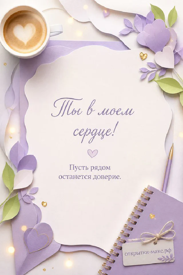Розовый пион в белом горшке у светлого окна с розовой лентой и биркой на открытке о любви — вариант 4