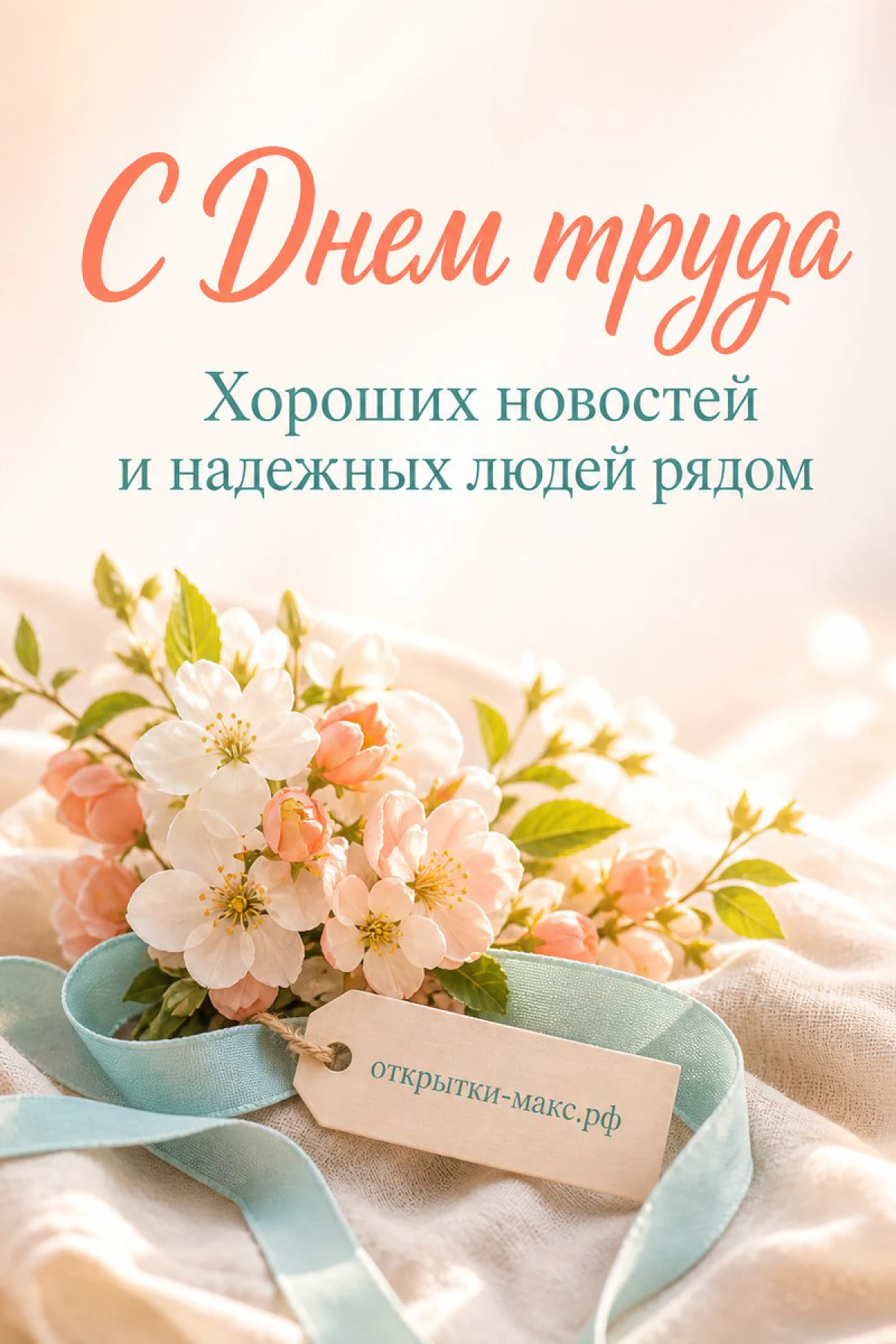 Нежный букет розово-белых яблоневых цветов с бирюзовой лентой на светлой ткани — открытка на 1 мая