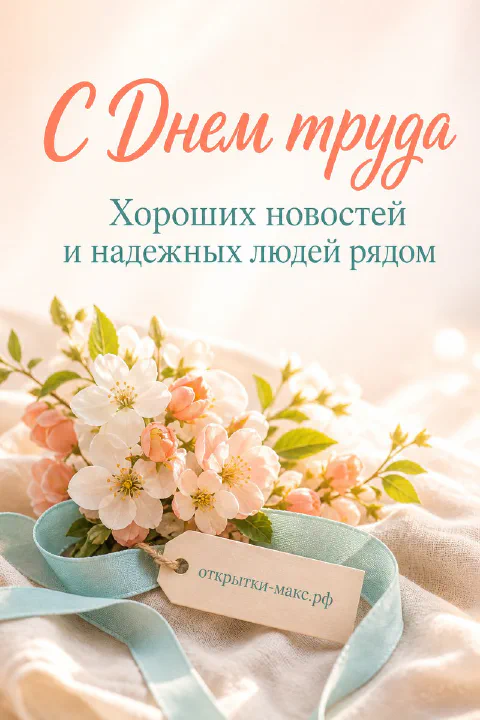 Нежный букет розово-белых яблоневых цветов с бирюзовой лентой на светлой ткани — открытка на 1 мая