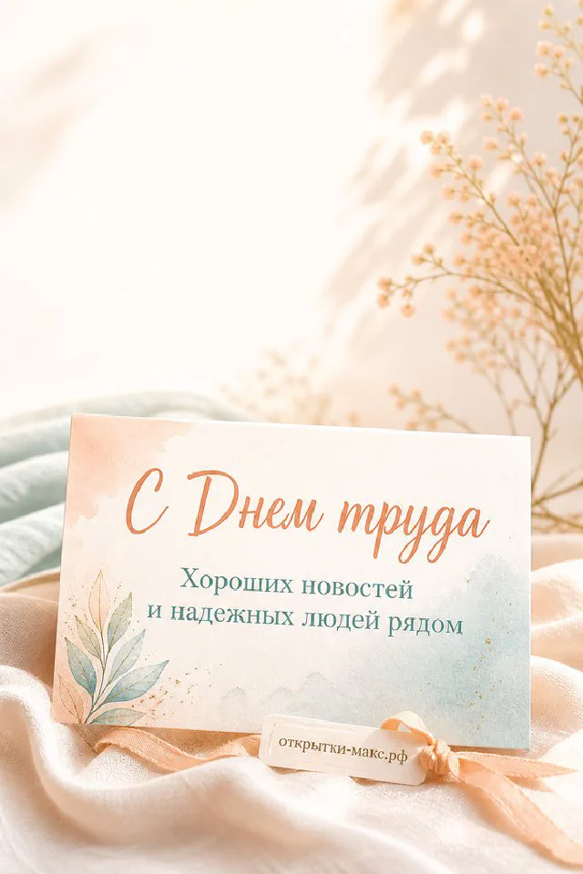 Нежный букет розово-белых яблоневых цветов с бирюзовой лентой на светлой ткани — открытка на 1 мая — вариант 2
