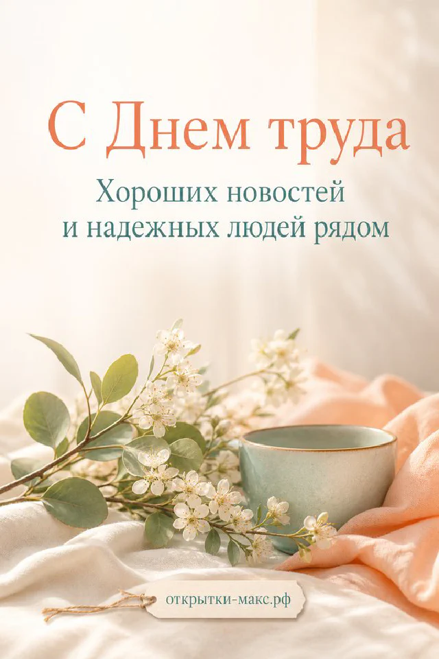 Нежный букет розово-белых яблоневых цветов с бирюзовой лентой на светлой ткани — открытка на 1 мая — вариант 3