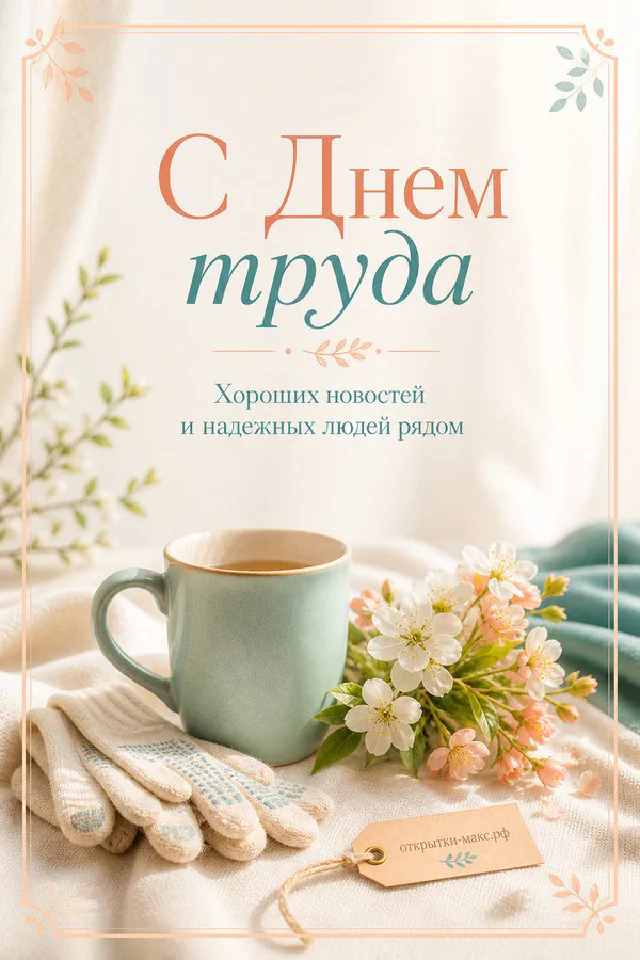 Нежный букет розово-белых яблоневых цветов с бирюзовой лентой на светлой ткани — открытка на 1 мая — вариант 4