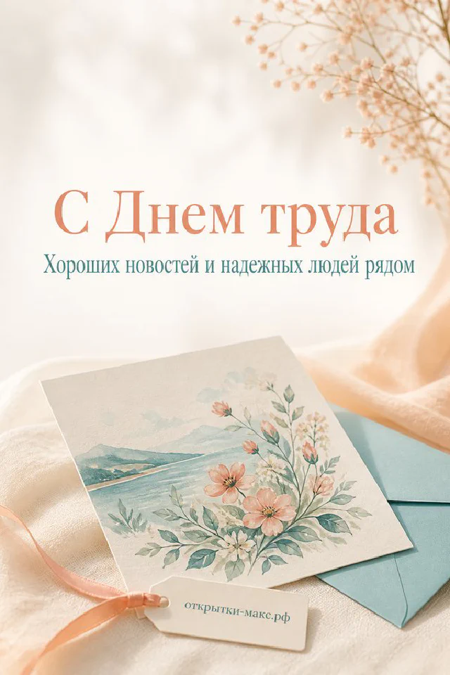 Нежный букет розово-белых яблоневых цветов с бирюзовой лентой на светлой ткани — открытка на 1 мая — вариант 6