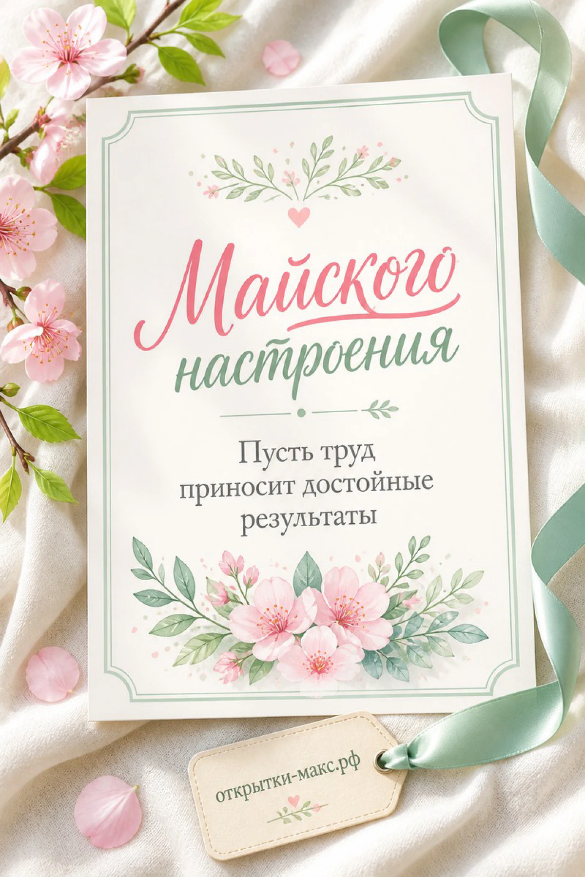 Акварельная открытка-карточка с розовыми цветами и зелёной лентой на белом фоне, надпись Майского настроения